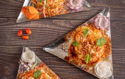 Chicken dum biryani with basmati rice served at Tandoori Smoke Indian restaurant in Khlong San, Bangkok