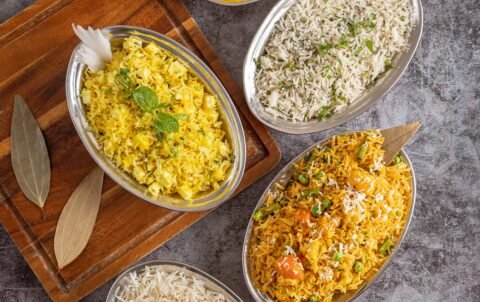 Jeera rice, lemon rice, veg pulao and steamed basmati rice served at Tandoori Smoke, Indian restaurant in Bangkok